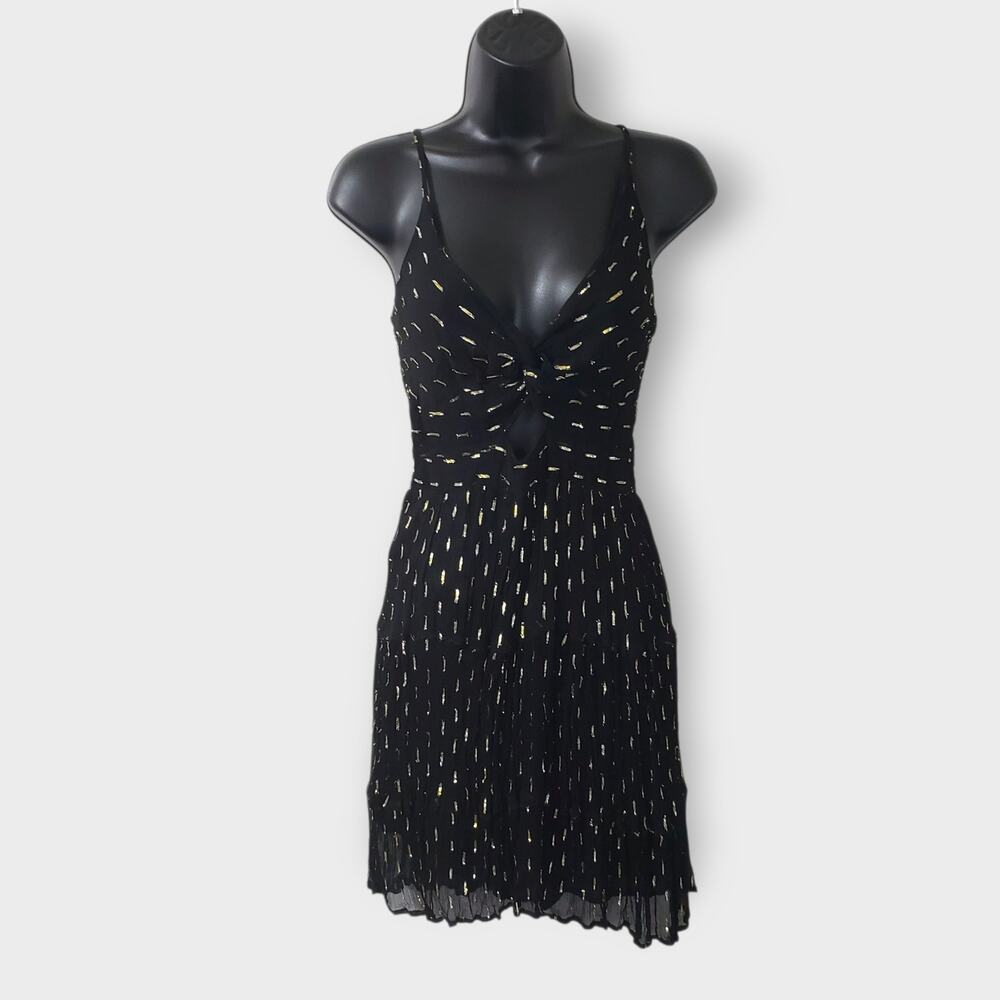 Angie Keyhole Cutout Smocked Mini Dress Black Gold Sz‎ Small Boho Summer *FLAW*